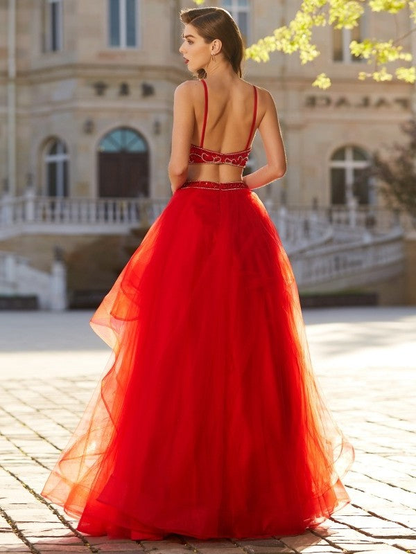 Floor-Length Beading Tulle Spaghetti Straps Sleeveless A-Line/Princess Two Piece Dresses