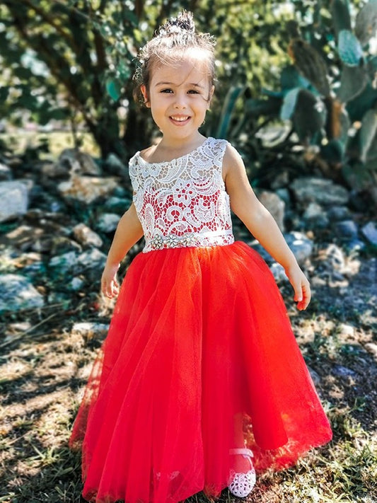 Scoop A-Line/Princess Sleeveless Tea-Length Lace Tulle Flower Girl Dresses