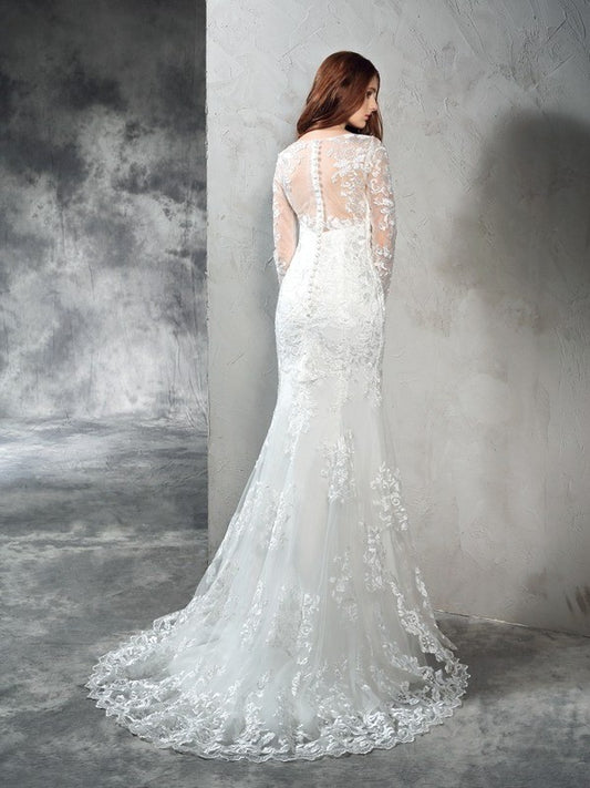 Sheer Sheath/Column Lace Long Sleeves Long Neck Net Wedding Dresses