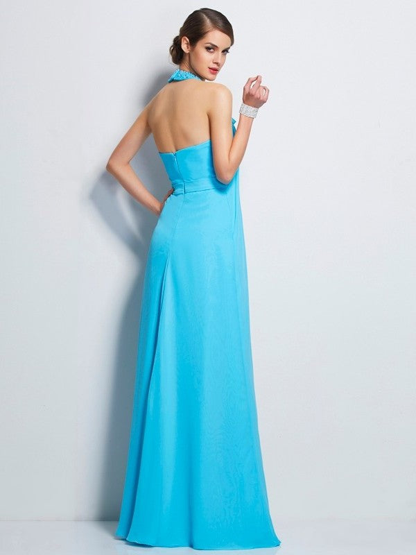 Beading Halter Sleeveless Sheath/Column Long Chiffon Dresses