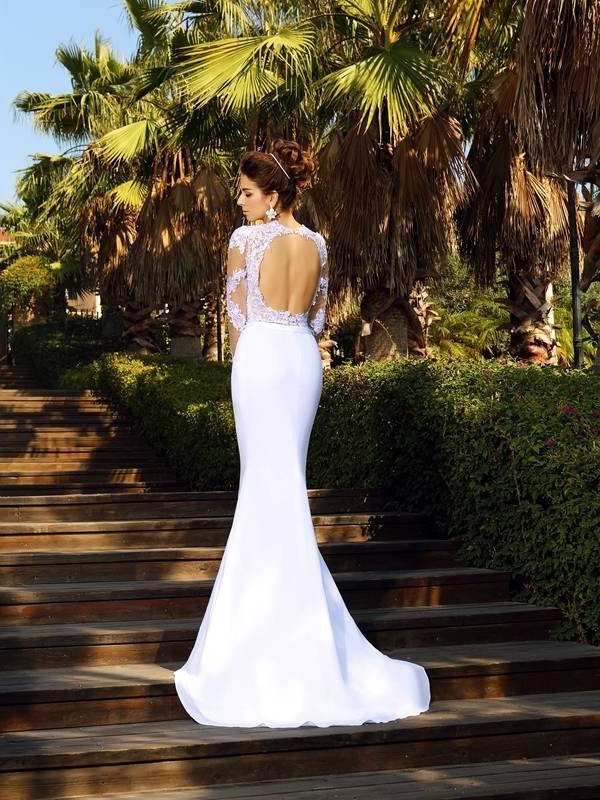 Long Applique Sheath/Column Long Sleeves Scoop Chiffon Wedding Dresses