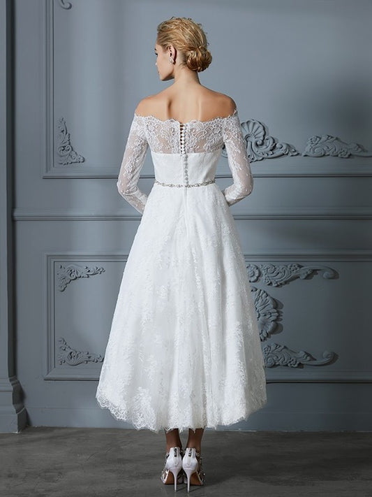 A-Line/Princess Long Off-the-Shoulder Asymmetrical Sleeves Lace Wedding Dresses