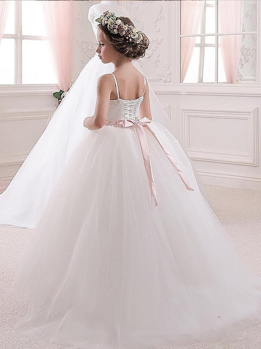 Spaghetti Sash/Ribbon/Belt Floor-Length Ball Gown Straps Tulle Sleeveless Flower Girl Dresses