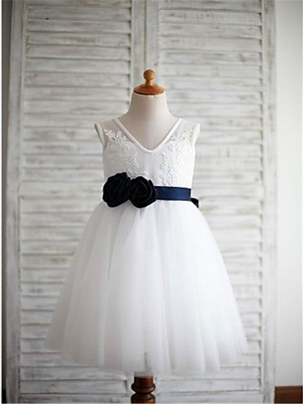 Tulle Hand-made A-line/Princess Sleeveless Tea-Length Flower V-neck Flower Girl Dresses