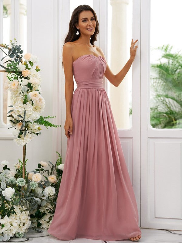 Strapless Chiffon Sleeveless A-Line/Princess Ruffles Floor-Length Bridesmaid Dresses