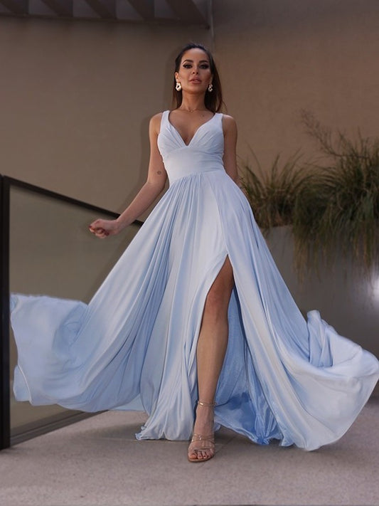 Ruffles Jersey V-neck A-Line/Princess Sleeveless Floor-Length Dresses