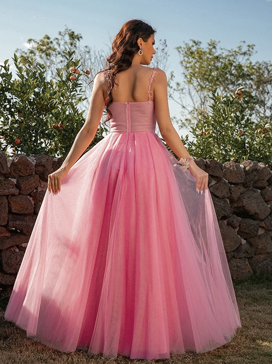 Tulle A-Line/Princess Applique Straps Sleeveless Floor-Length Dresses