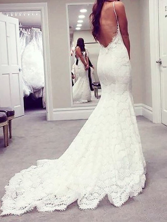 Trumpet/Mermaid Spaghetti Straps Court Lace Train Sleeveless Wedding Dresses