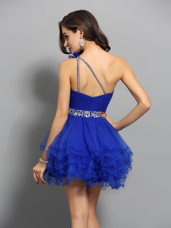 A-Line/Princess Bethany One-Shoulder Homecoming Dresses Beading Sleeveless Short Organza Cocktail Dresses