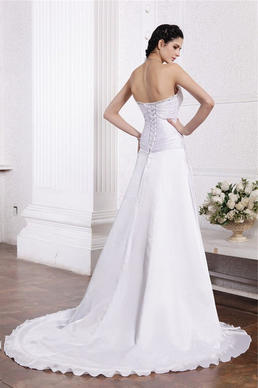 Strapless Silk like A-Line/Princess Ruffles Long Beading Sleeveless Satin Wedding Dresses