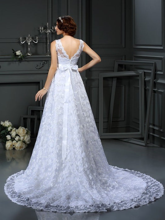 Long V-neck Lace A-Line/Princess Sleeveless Satin Wedding Dresses