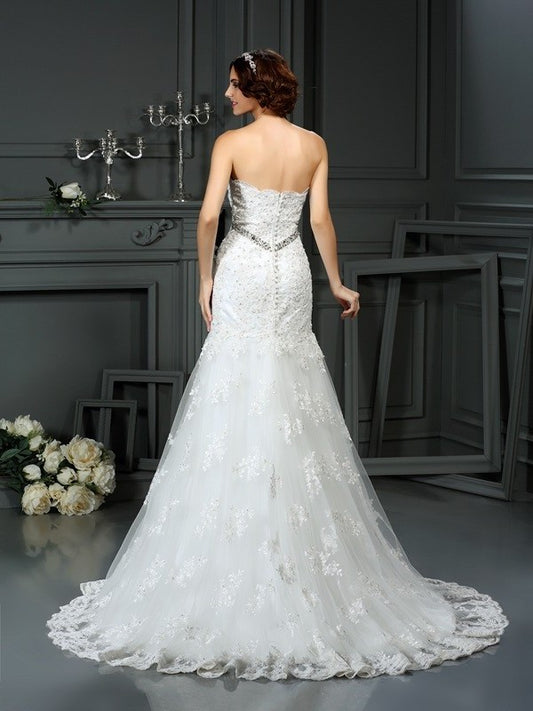 Beading Long Strapless Trumpet/Mermaid Sleeveless Lace Wedding Dresses