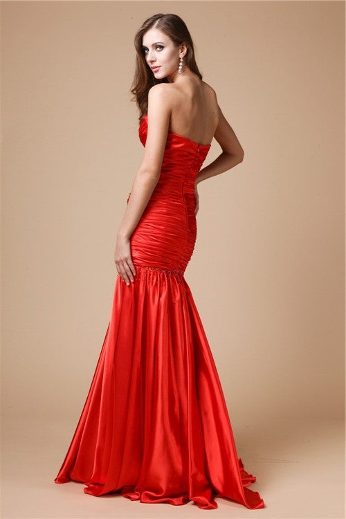 Long Strapless Trumpet/Mermaid Elastic Beading Woven Satin Dresses