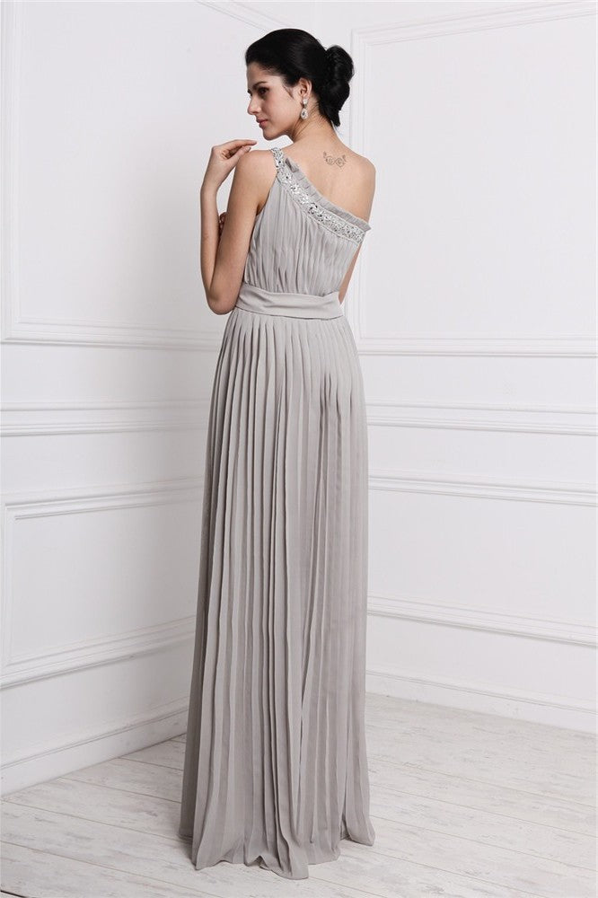 Sheath/Column Beading One-Shoulder Sleeveless Pleats Long Chiffon Dresses