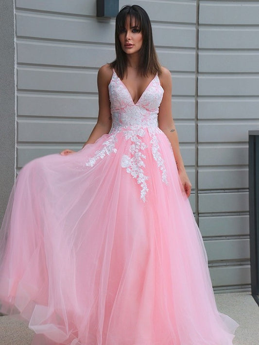 Applique V-neck A-Line/Princess Tulle Sleeveless Floor-Length Dresses