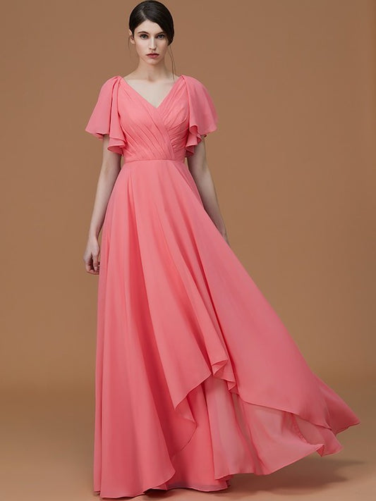 Floor-Length A-Line/Princess V-neck Sleeves Short Ruched Chiffon Bridesmaid Dresses