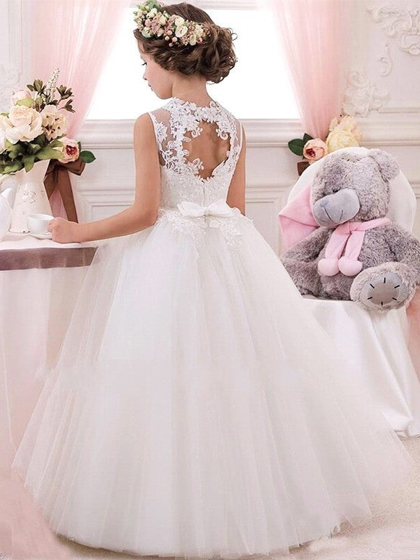 Gown Tulle Jewel Applique Ball Floor-Length Sleeveless Flower Girl Dresses