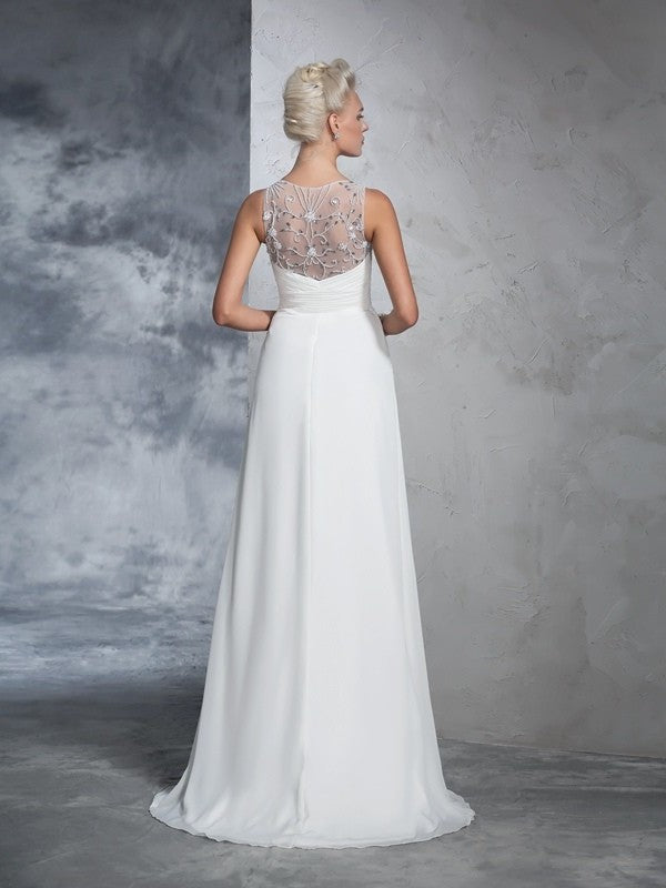 Sleeveless Ruched Long V-neck A-Line/Princess Chiffon Wedding Dresses