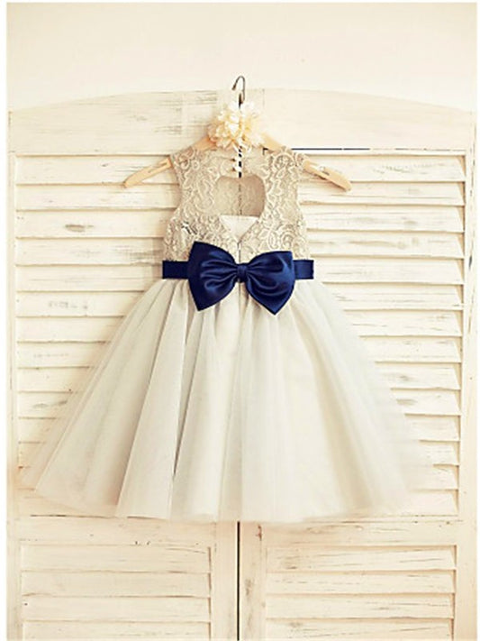 Scoop Sleeveless Tulle A-line/Princess Tea-Length Lace Flower Girl Dresses