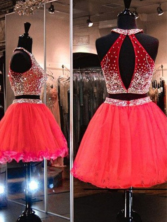 Beading Sleeveless Short/Mini A-Line/Princess Halter Tulle Two Piece Dresses