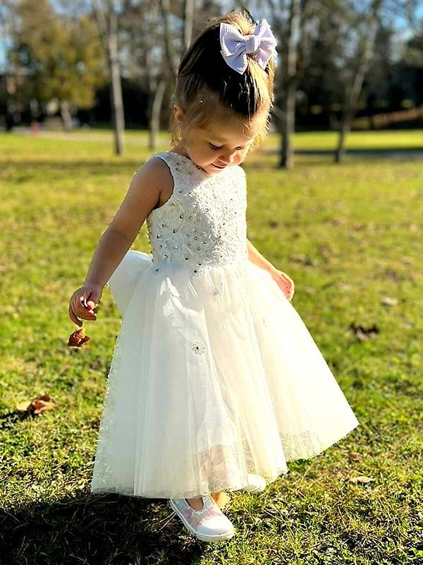 Sleeveless Bowknot Tulle Ankle-Length A-Line/Princess Scoop Flower Girl Dresses