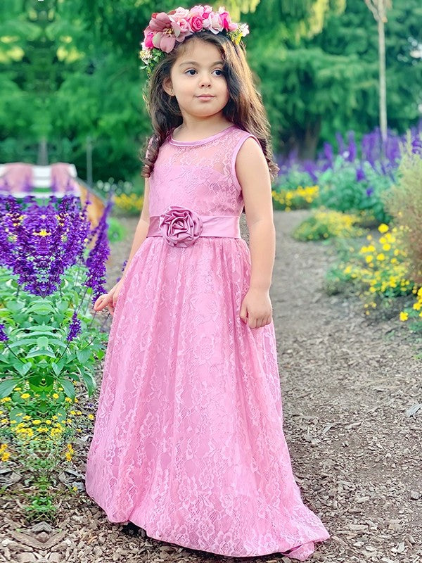 Sleeveless Sash/Ribbon/Belt A-Line/Princess Lace Scoop Ankle-Length Flower Girl Dresses