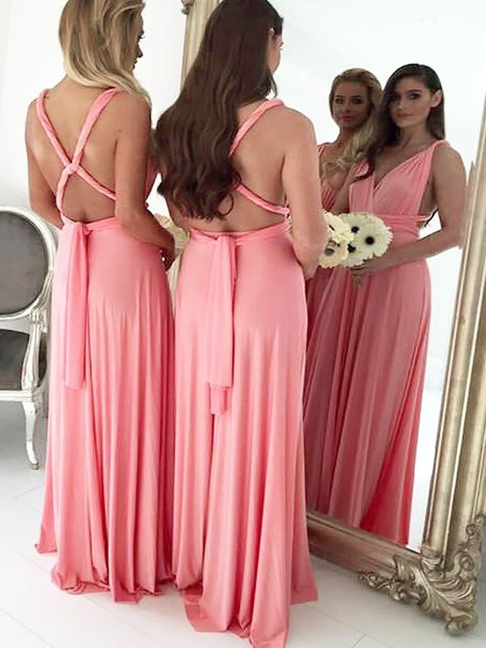 Floor-Length V-neck Spandex A-Line/Princess Sleeveless Bridesmaid Dresses