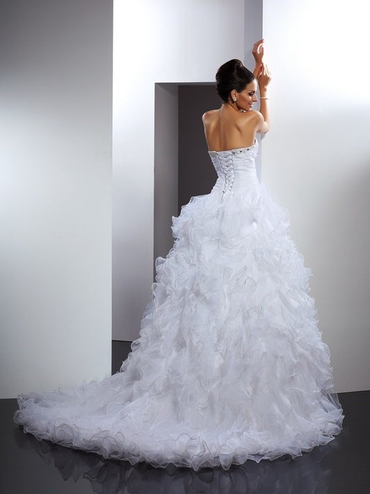 Long Ball Gown Beading Sleeveless Sweetheart Organza Wedding Dresses