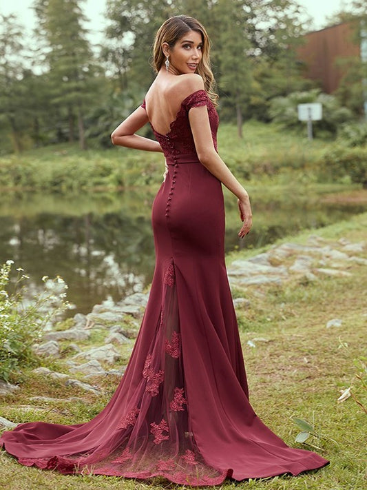 Sweep/Brush Stretch Off-the-Shoulder Sleeveless Applique Sheath/Column Crepe Train Bridesmaid Dresses