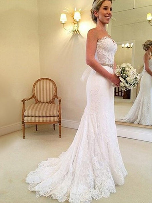 Train Sweep/Brush Sweetheart Sleeveless Beading Sheath/Column Lace Wedding Dresses