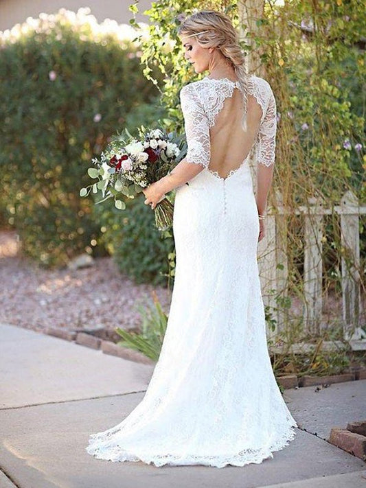 Sheath/Column Sleeves Sweep/Brush 1/2 Lace Bateau Train Wedding Dresses