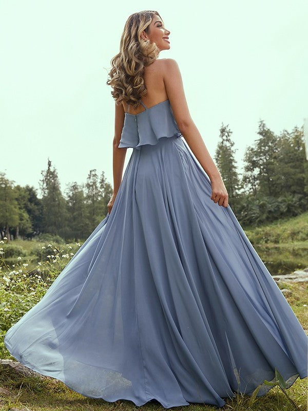 Spaghetti A-Line/Princess Sleeveless Chiffon Straps Ruffles Floor-Length Bridesmaid Dresses