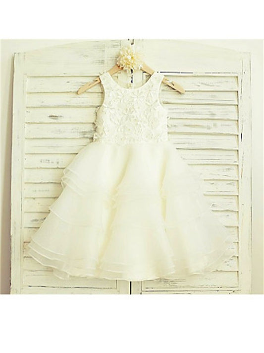 A-line/Princess Scoop Lace Tea-Length Tulle Sleeveless Flower Girl Dresses