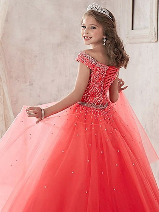 Sleeveless Ball Floor-Length Tulle Off-the-Shoulder Gown Beading Flower Girl Dresses