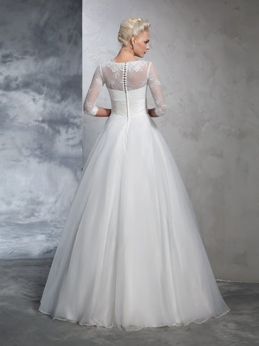 Gown Sleeves Jewel Long Ball 3/4 Applique Organza Wedding Dresses