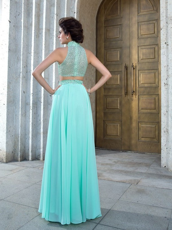 High Chiffon Sleeveless Long A-Line/Princess Neck Beading Two Piece Dresses