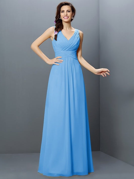 Long Sleeveless Pleats V-neck A-Line/Princess Chiffon Bridesmaid Dresses