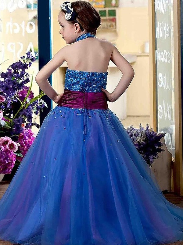 Halter Sleeveless Floor-Length Ball Sequins Tulle Gown Flower Girl Dresses