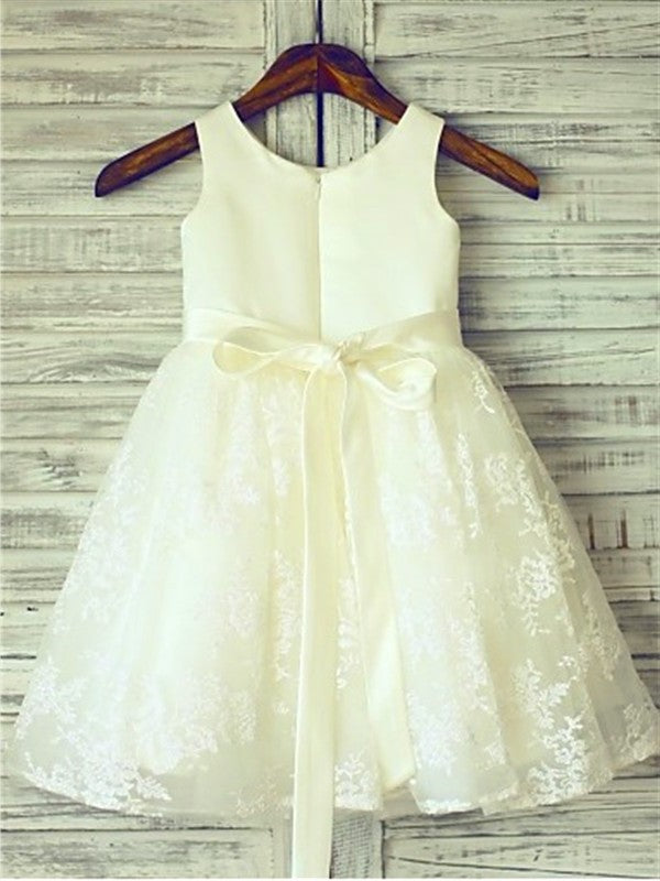 Knee-Length A-line/Princess Sleeveless Scoop Sash/Ribbon/Belt Lace Flower Girl Dresses