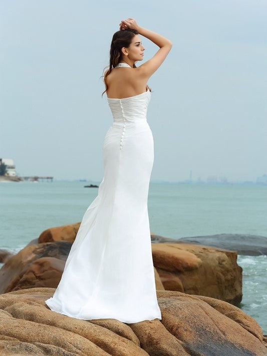 Chiffon Sleeveless Long Pleats Halter Sheath/Column Beach Wedding Dresses