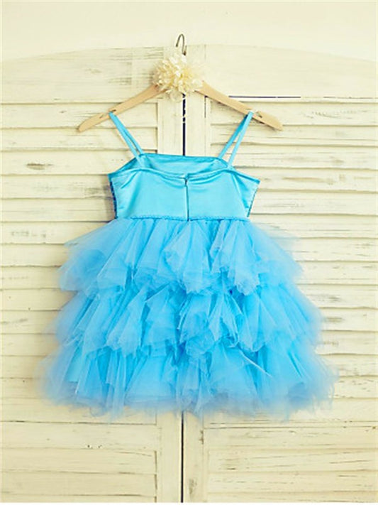 Tea-Length A-line/Princess Net Sequin Sleeveless Straps Spaghetti Flower Girl Dresses