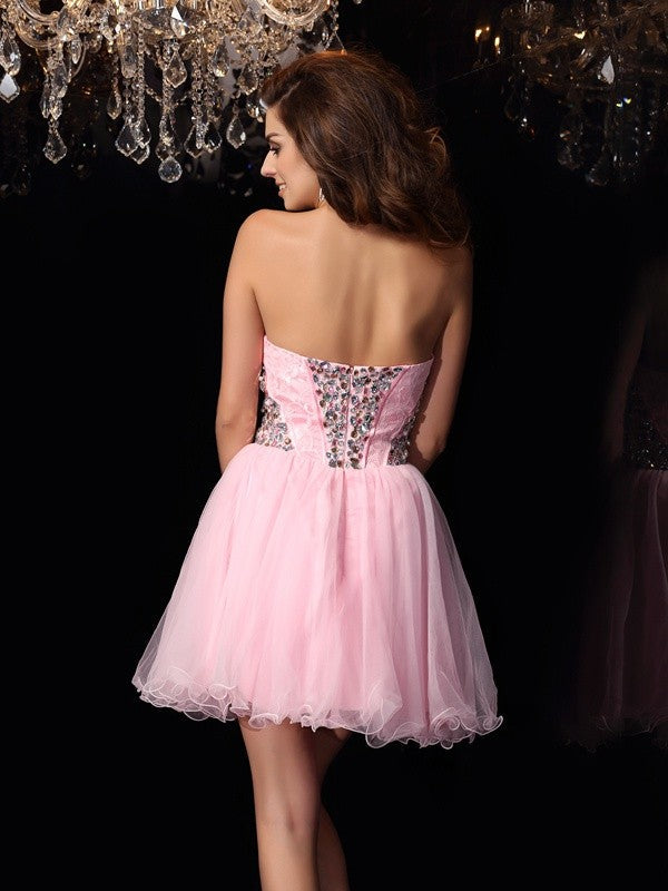 A-Line/Princess Sweetheart Ruffles Homecoming Dresses Sleeveless Destiny Short Elastic Woven Satin Cocktail Dresses