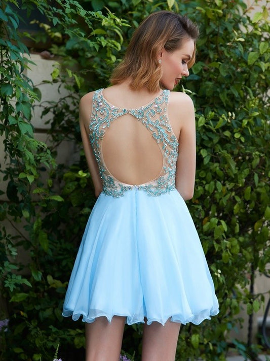 Sleeveless A-Line/Princess Scoop Chiffon Beading Short/Mini Dresses