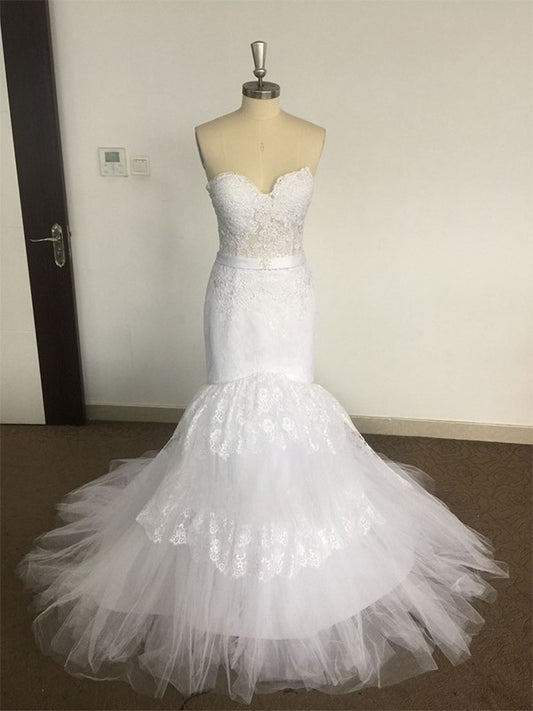 Lace Tulle Trumpet/Mermaid Train Sweetheart Court Sleeveless Wedding Dresses