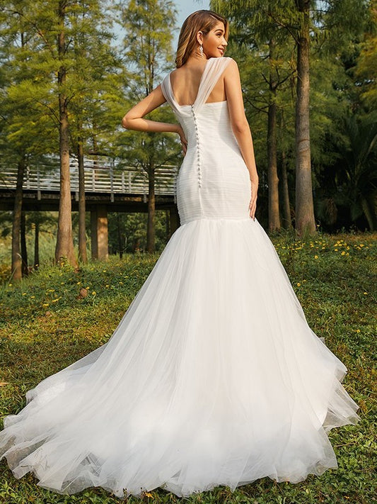 Sweetheart Applique Trumpet/Mermaid Tulle Sleeveless Sweep/Brush Train Wedding Dresses