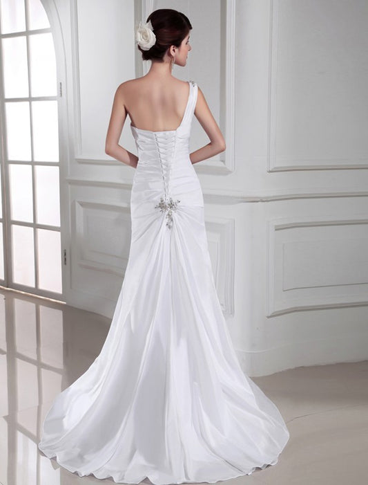 Trumpet/Mermaid One-shoulder Beading Sleeveless Satin Long Wedding Dresses