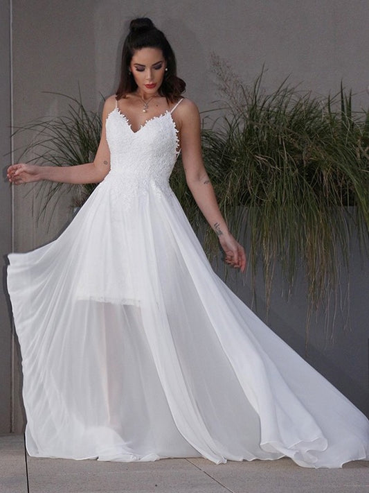 Applique Sleeveless Sweep/Brush Chiffon A-Line/Princess V-neck Train Wedding Dresses