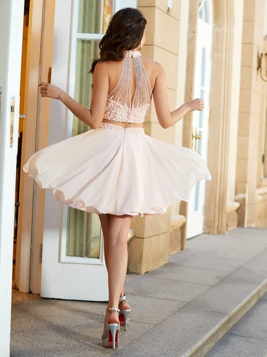 Sleeveless Beading Short/Mini Chiffon A-Line/Princess Halter Two Piece Dresses