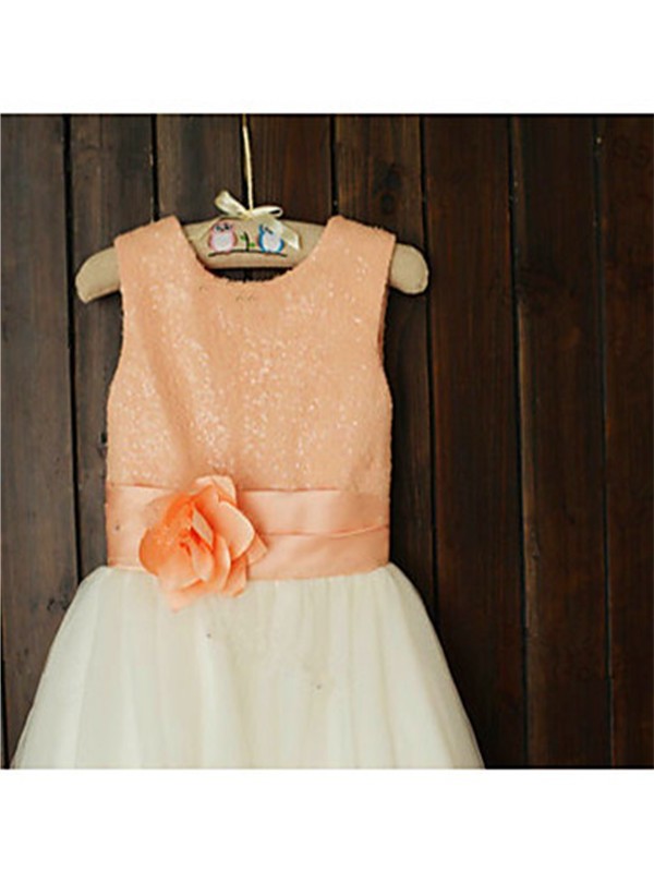 Scoop Sleeveless Tea-Length A-line/Princess Tulle Sequin Flower Girl Dresses