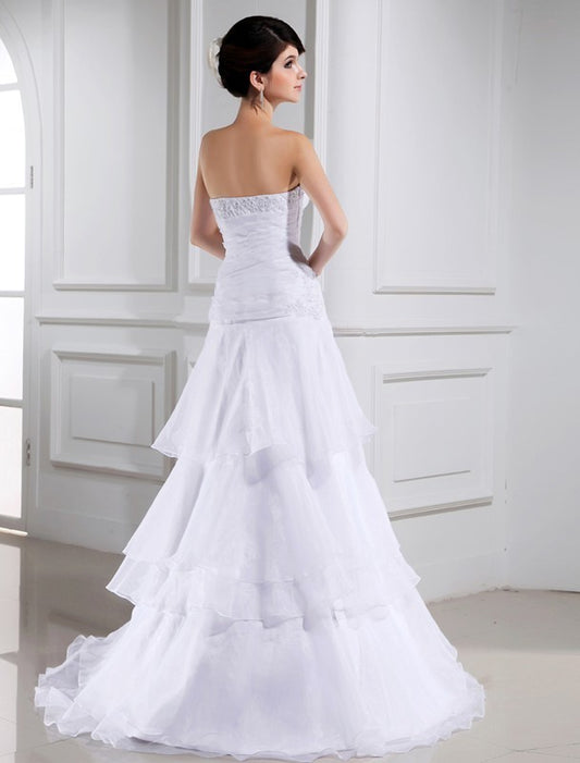 Sleeveless Beading A-Line/Princess Strapless Organza Long Wedding Dresses